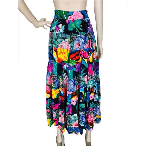Vintage 90s Floral Tiered Ruffle Boho Gypsy Colorful Full Maxi Skirt India OSFA - Picture 5 of 10
